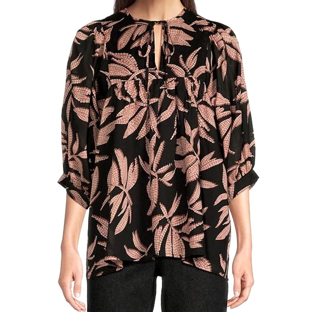 JMaria Boho ‎ Leaf Print Puff Sleeve Flounce Tunic- Tan and Black